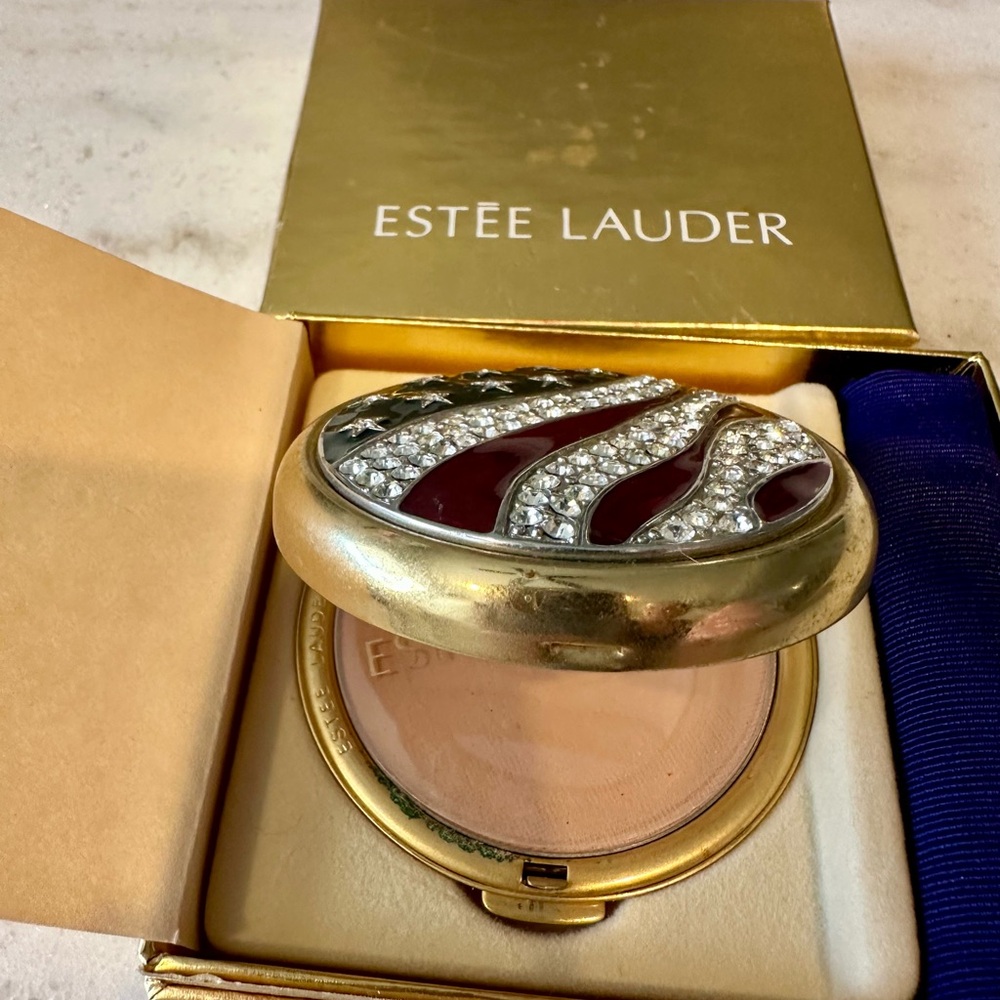 Estee Lauder Vintage Gold and Red Crystal American Flag Compact